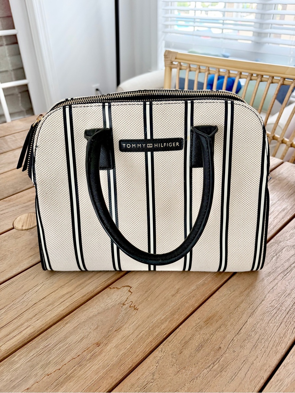 Tommy Hilfiger Black & White Striped Dome Satchel Handbag